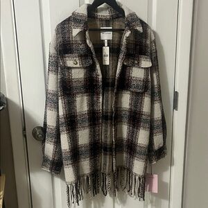 Avec Les Filles Plaid Fringe Jacket - Black and Cream